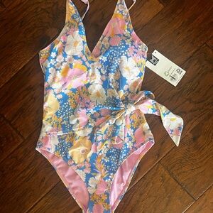 Member’s Mark Floral One-Piece Swimsuit | Blue Pink Tie Waist | NWT